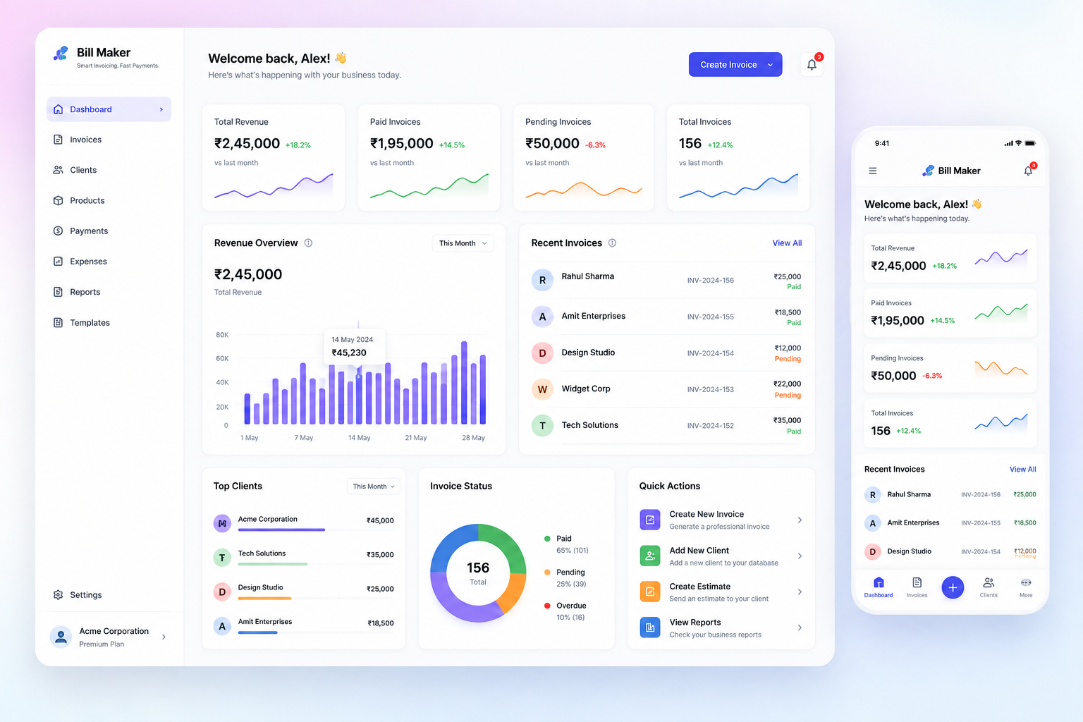 The Bill Maker dashboard showing revenue trends, recent invoices, and top clients